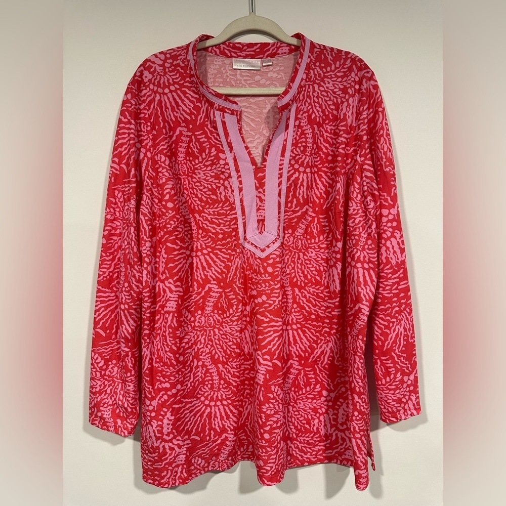 Bellisima by Kim Gravel Women's Cabana Knit Palm Trim Tunic Paradise Pink 2X